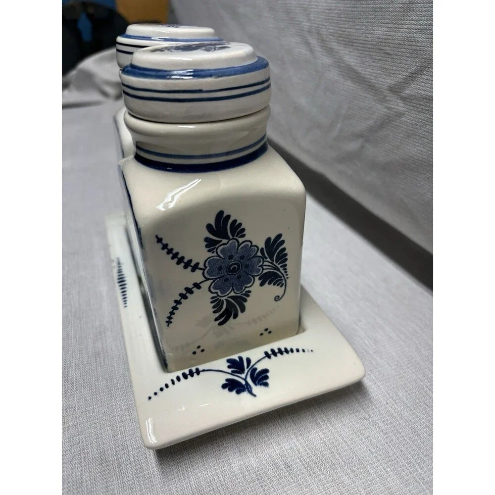 Delft Blue Canister Pair Handmade  Holland Vintage Kitchen Spice Jars Windmill